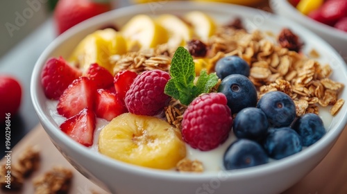 Healthy breakfast bowl with fruit and granola. generative ai