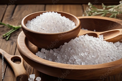 Coarse white sea salt crystals resting