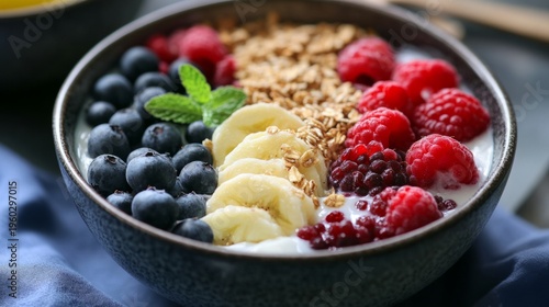 Healthy breakfast bowl with fruit and granola. generative ai