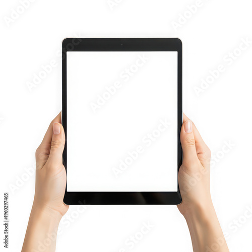 Two hands holding a blank tablet device for digital content display or presentation