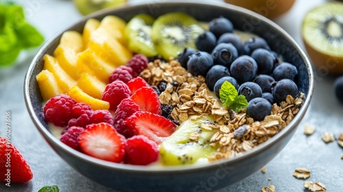 Healthy breakfast bowl with fruit and granola. generative ai