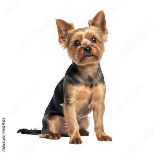 A small yorkshire terrier dog sitting attentively against a plain background