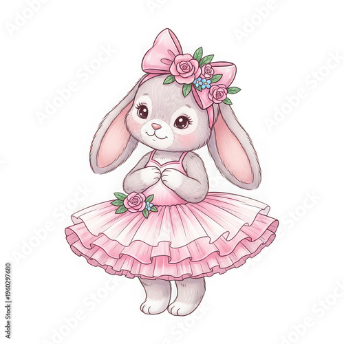 A charming pink tutu-clad bunny dressed for a whimsical celebration with floral accents
