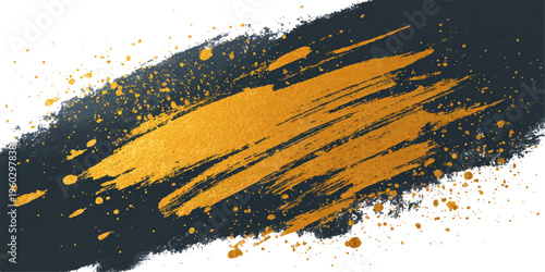 An abstract grunge background vector featuring a dirty ink splash and rusty metal texture with gold paint stains on a black wallpaper banner