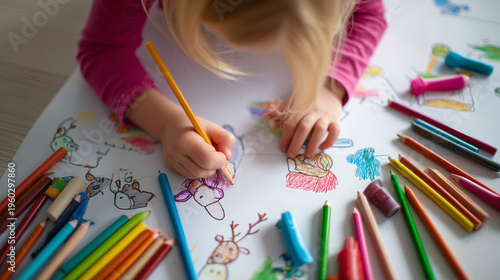 A child drawing on paper with color pencils