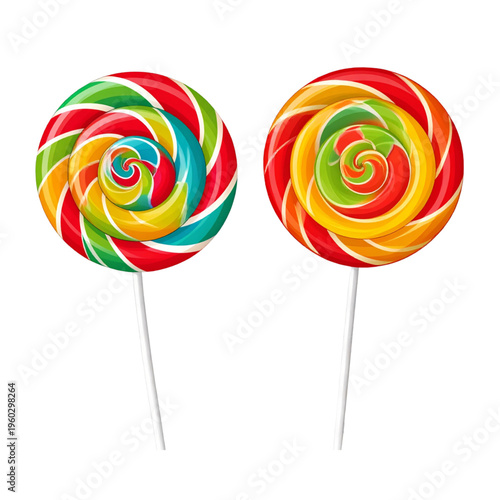 Bright swirl lollipops in orange, green, red, blue, and white with glossy spiral patterns on sticks, isolated on a light background, vibrant candy vector illustration