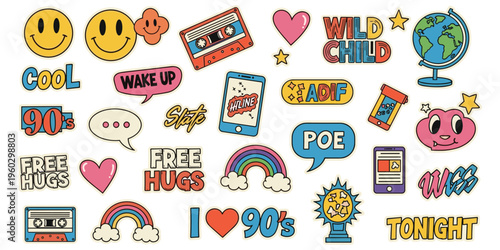 Retro 90s sticker collage illustration, colorful nostalgic pop culture design, smiley faces cassette tapes rainbows hearts stars, flat vector artwork