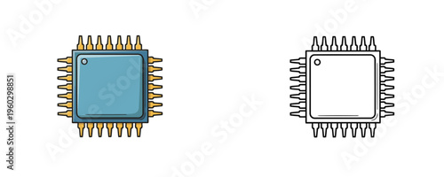 Drawn style vector illustration of a blue electronic microchip and its outline version on white background, representing cpu, hardware, technology, or computer processor