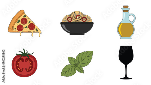 Italian Cuisine Vector Icons Set: Pizza, Pasta, Olive Oil, Tomato, Basil, Wine Glass. Flat Food & Drink Elements