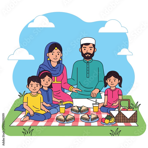 A Muslim family enjoying picnic in park with food and drinks on sunny day illustration