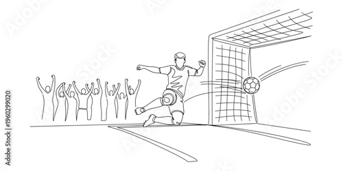 Soccer player scoring goal illustration, ball entering net, cheering spectators scene, sports triumph action design, football artwork, flat vector illustration