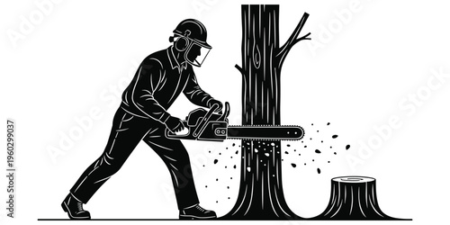 Chainsaw logging illustration, forestry artwork with worker cutting tree protective gear helmet gloves wood chips felling process vector design