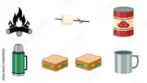 Camping Gear and Food Icons Set. Outdoor Adventure Essentials: Campfire, Marshmallow, Canned Food, Thermos, Sandwiches, Mug Illustrations