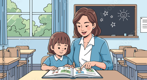 Teacher and student reading a book together in a classroom, illustration of education and learning