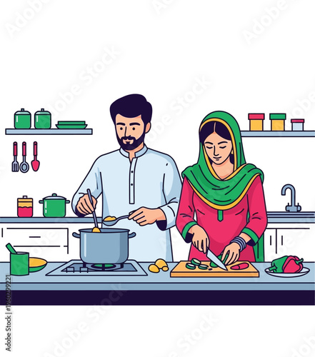Young couple cooking together in kitchen wearing traditional clothing