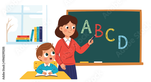 Female teacher instructing a young boy student on the alphabet using a blackboard in a bright classroom, fostering early education and literacy skills.