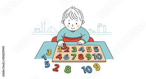 Cute toddler boy learning numbers and counting with a wooden puzzle board, early education concept