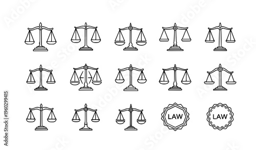 Justice scales icon vector set with attorney law balance symbol collection for legal logo design