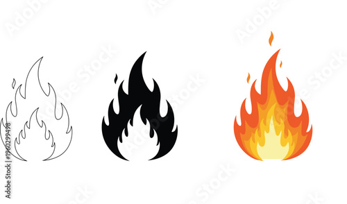 Fire, flame, icon, set, showing, outline, silhouette, and, colorful, styles, for, heat, energy, hot, burn, danger, blaze, bonfire, ignite, vector.