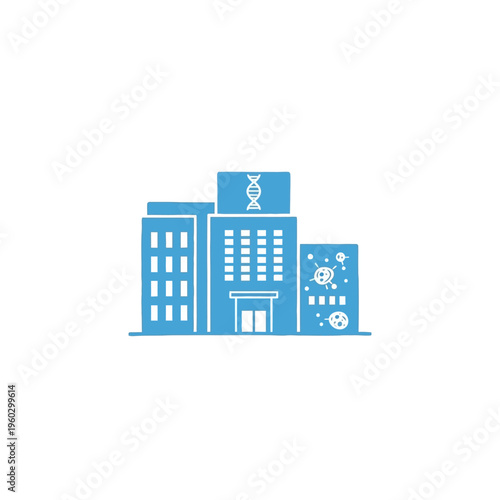 Modern research facility with DNA helix symbol and microscopic organisms, representing scientific innovation and medical advancement