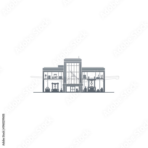 A minimalist architectural illustration of a modern building with internal views of rooms and activities