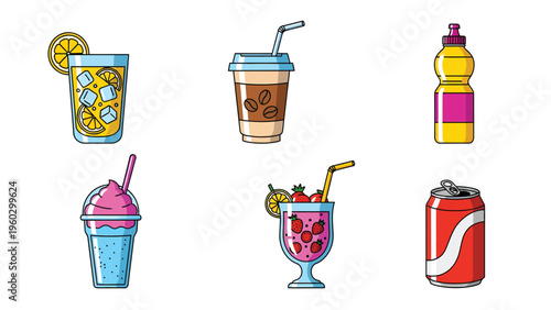 Colorful cartoon beverage set with lemonade, coffee, smoothie, cocktail, juice bottle, and soda can illustrations