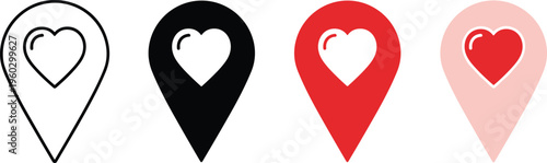 Map pin location icon set with heart symbol, favorite place marker, romantic travel destination, wedding venue point, flat vector illustration.