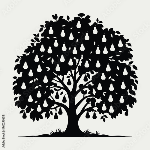 A silhouette of a pear tree laden with ripe dark pears