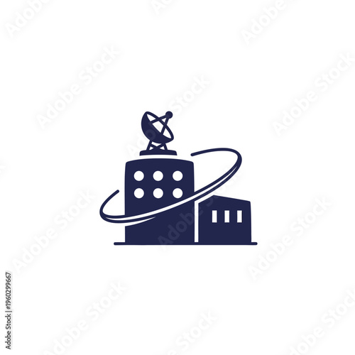 Minimalist illustration of a satellite dish atop a building with orbital rings, symbolizing communication and technology