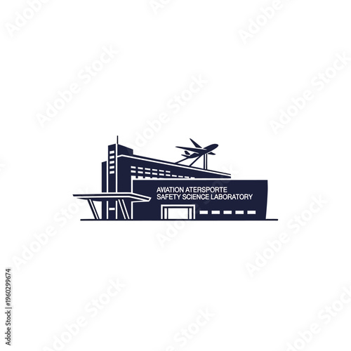 Minimalist vector icon Aviation safety science laboratory building with stylized aircraft. Represents aerospace research, flight safety, and air navigation tech