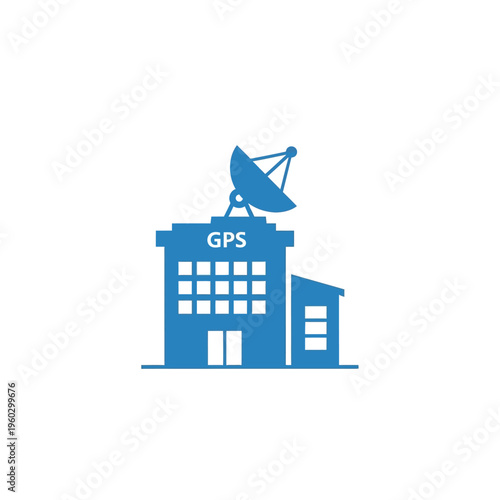 Minimalist blue icon of a GPS station building with a satellite dish, symbolizing global positioning, navigation, and geospatial mapping technology