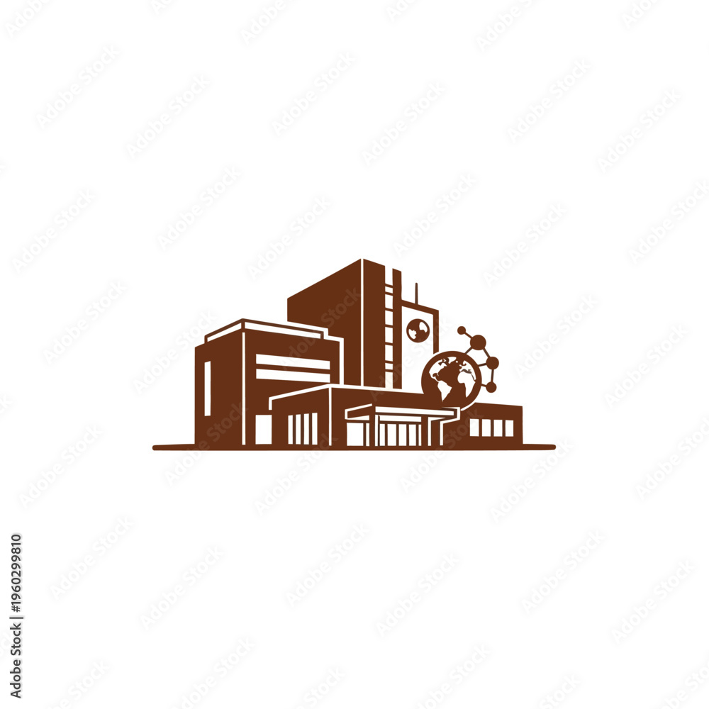 Naklejka premium Modern Institutional Complex Symbolizing Global Connectivity and Innovation, Designed for Research and Corporate Technology Development with a Sleek Architectural Profile