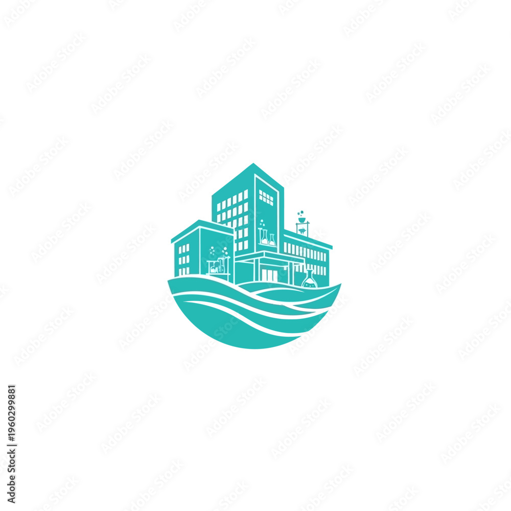 Obraz premium Modern Corporate Building Logo with Flowing Wave Elements, Symbolizing Sustainable Development, Eco-Friendly Architecture, and Environmental Responsibility for Urban Progress