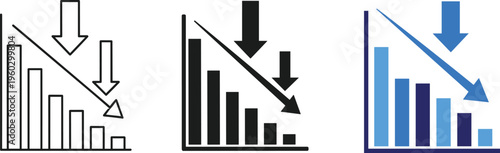 Set, of, financial, bar, charts, with, downward, arrows, representing, business, loss, economic, recession, stock, market, crash, decrease, statistics, negative, growth.