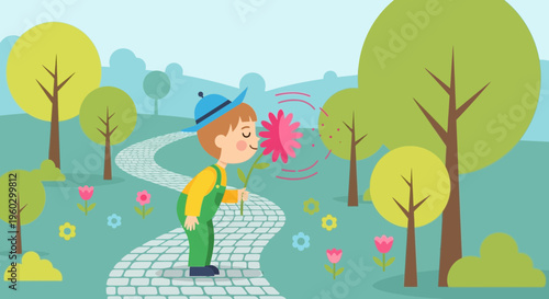 Joyful Childhood Exploration In A Vibrant Blooming Garden Scene