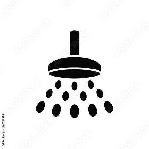Simple black icon depicting a showerhead with falling water droplets