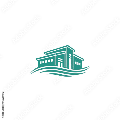 Minimalist teal-colored graphic of a building with wave-like patterns beneath it, representing a modern structure and flowing elements