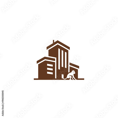 Clean minimalist design icon showcasing a monkey situated near modern architectural buildings, perfect for primatology research or urban wildlife themes and animal studies