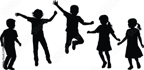 Silhouette of happy children jumping and playing, childhood freedom, active group of kids, energetic fun, isolated on white background, illustration.