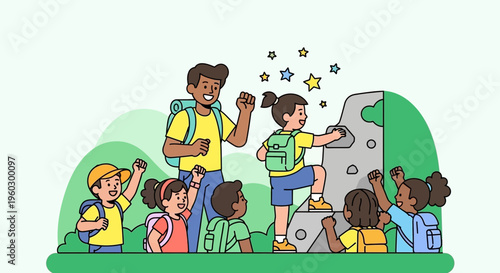 Joyful Children Embark On Mountain Climbing Adventure With Leader