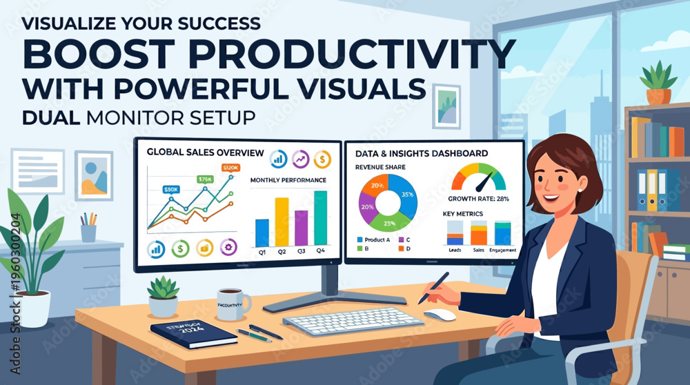Obraz premium Businesswoman Working with Dual Monitors and Infographics