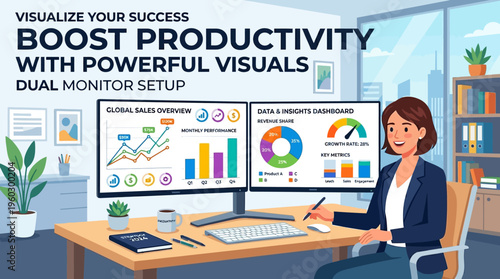 Businesswoman Working with Dual Monitors and Infographics