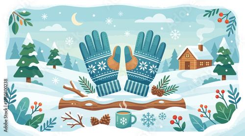 Winter Mittens and Cozy Landscape Scene