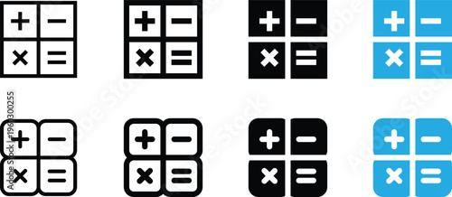 Set of calculator icons with mathematical symbols plus minus multiply and equal signs