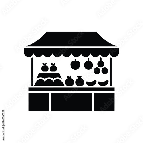 Simple black silhouette of a market stall displaying various fruits