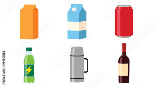 Diverse Beverage Containers Set. Flat vector illustration of various drink packaging: cartons, can, bottle, thermos, wine.
