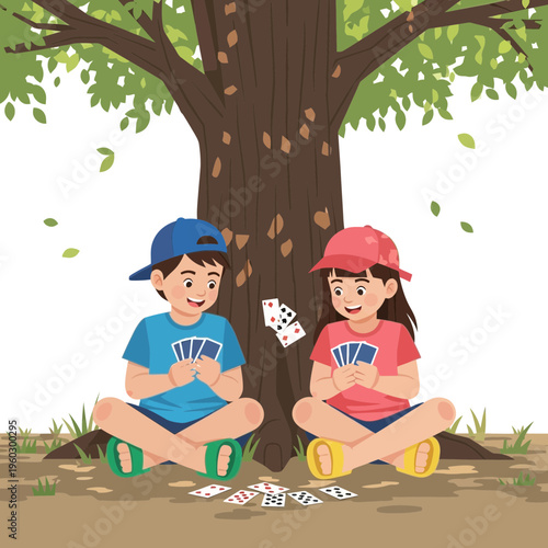 Joyful Children Playing Cards Underneath A Verdant Tree On A Sunny Day