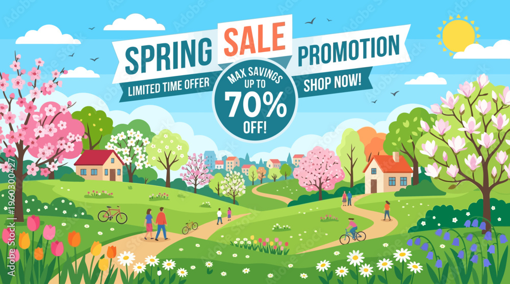 Naklejka premium Spring Sale Promotion Banner with Scenic Landscape