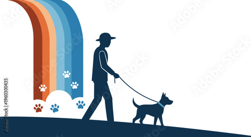 Joyful Companion Walks Beneath Vibrant Rainbow Arch