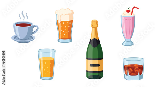 Collection of diverse cartoon drinks vector icons: coffee, beer, juice, champagne, milkshake, and spirit.